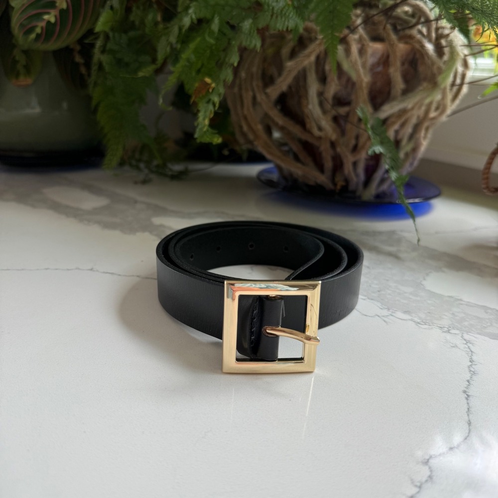 Nordstrom Women Black Leather Trouser Fit Belt Gold Square Buckle Size S NWOT
